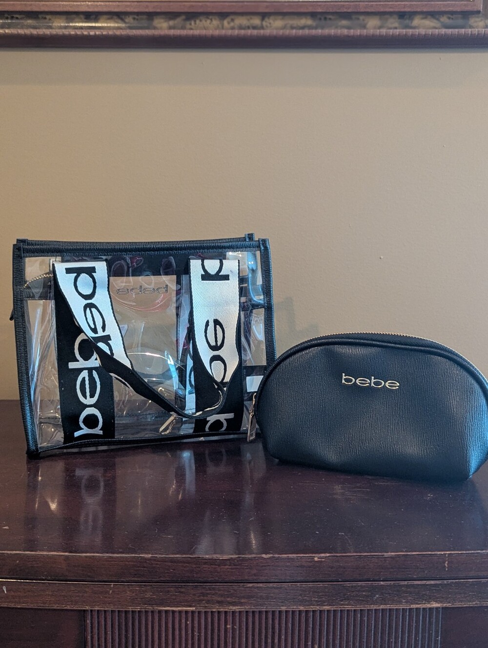 bebe Clear PVC Logo Tote & Cosmetic Pouch Set Black White Gold